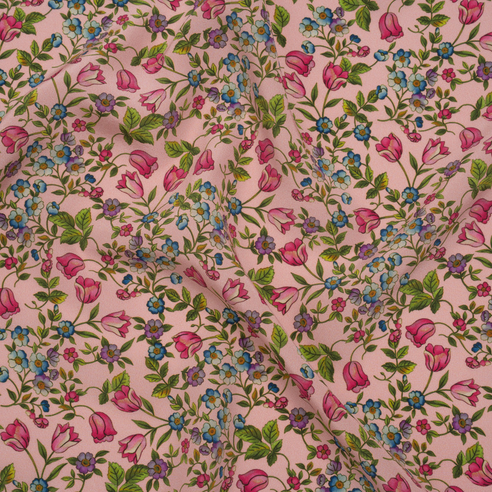 Silk Crepe de Chine Print Made in Italy - Pink, Sky Blue and Green Little Flowers - Deadstock - Drape Silk Crepe de Chine Print Made in Italy - Pink, Sky Blue and Green Little Flowers - Deadstock - Drape