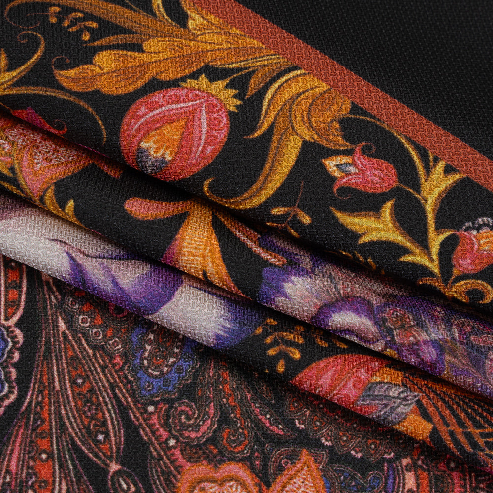 Silk Diagonal Basketweave Dobby Print Made in Italy - Purple, Orange and Black Ornate Paisleys and Palm Leaves - Deadstock Silk Diagonal Basketweave Dobby Print Made in Italy - Purple, Orange and Black Ornate Paisleys and Palm Leaves - Deadstock