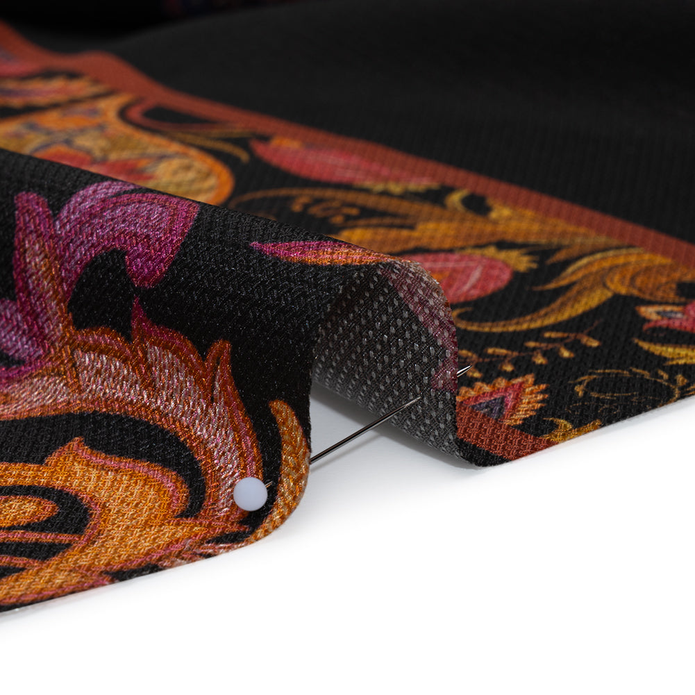 Silk Diagonal Basketweave Dobby Print Made in Italy - Purple, Orange and Black Ornate Paisleys and Palm Leaves - Deadstock Silk Diagonal Basketweave Dobby Print Made in Italy - Purple, Orange and Black Ornate Paisleys and Palm Leaves - Deadstock