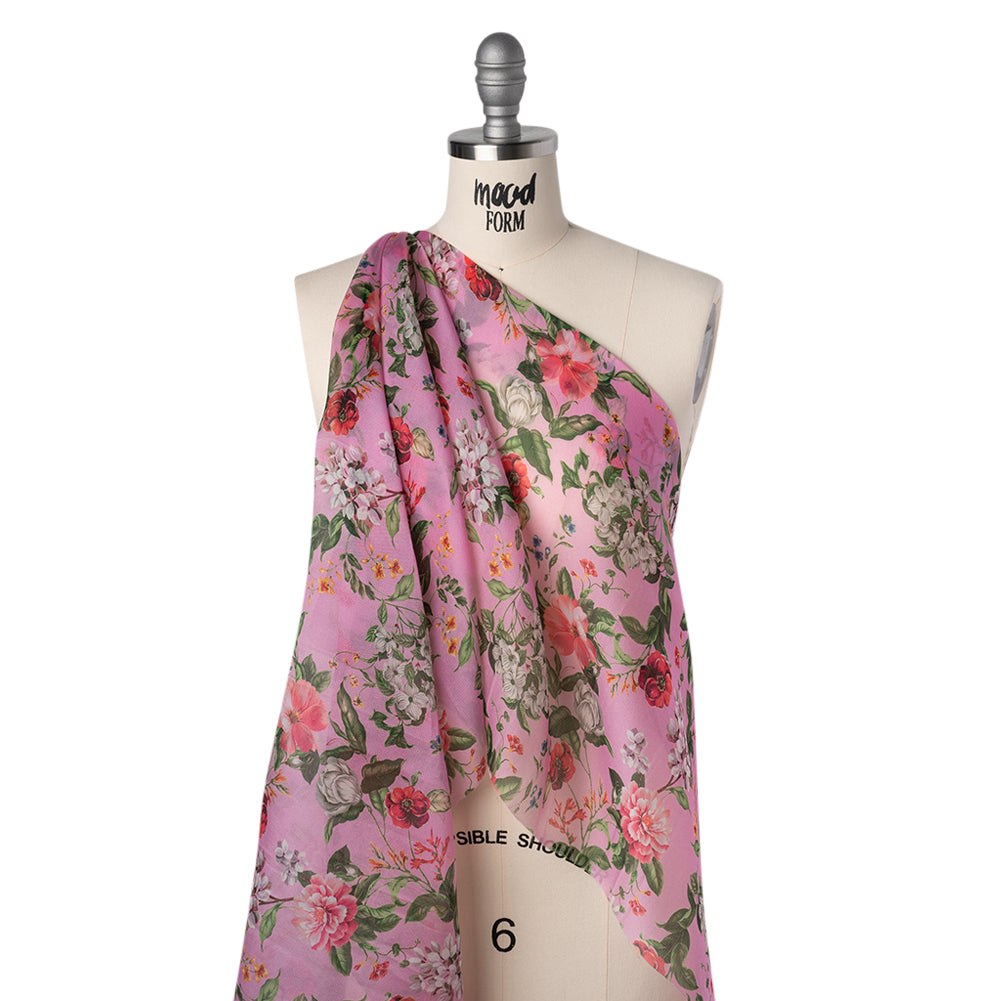 Silk Gazar Print Made in Italy - Pink, Green and White Enchanted Florals - Deadstock Silk Gazar Print Made in Italy - Pink, Green and White Enchanted Florals - Deadstock