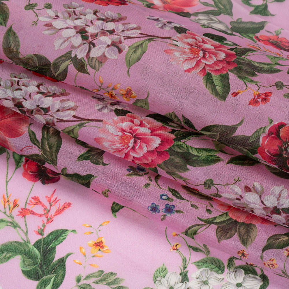 Silk Gazar Print Made in Italy - Pink, Green and White Enchanted Florals - Deadstock Silk Gazar Print Made in Italy - Pink, Green and White Enchanted Florals - Deadstock