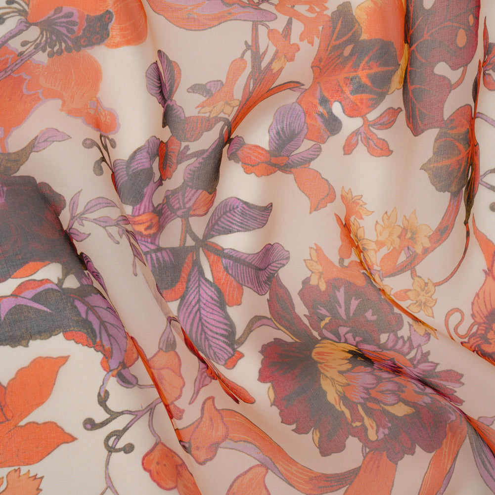 Lightweight Silk Organza Print Made in Italy - Orange, Purple and Burgundy Lilies and Flowers Lightweight Silk Organza Print Made in Italy - Orange, Purple and Burgundy Lilies and Flowers