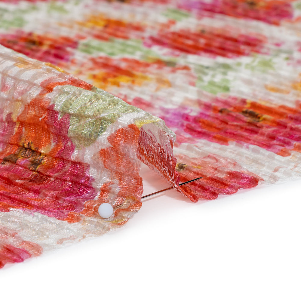 Ruched Silk Blend Striped Dobby Made in Italy - Magenta, Orange and Light Green Floral - Deadstock Full Ruched Silk Blend Striped Dobby Made in Italy - Magenta, Orange and Light Green Floral - Deadstock Full