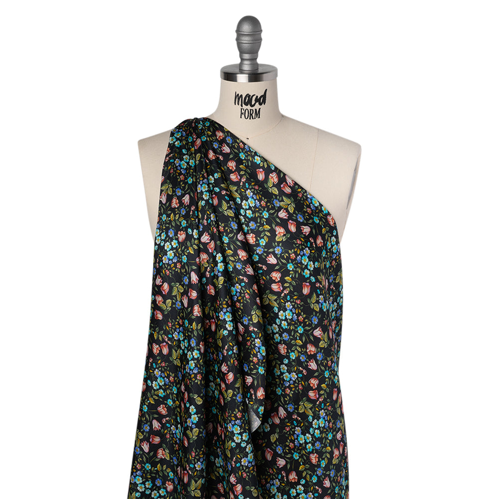 Crepe Like Silk Woven Print Made in Italy - Black, Pink and Sky Blue Little Flowers - Deadstock - Folded Crepe Like Silk Woven Print Made in Italy - Black, Pink and Sky Blue Little Flowers - Deadstock - Folded