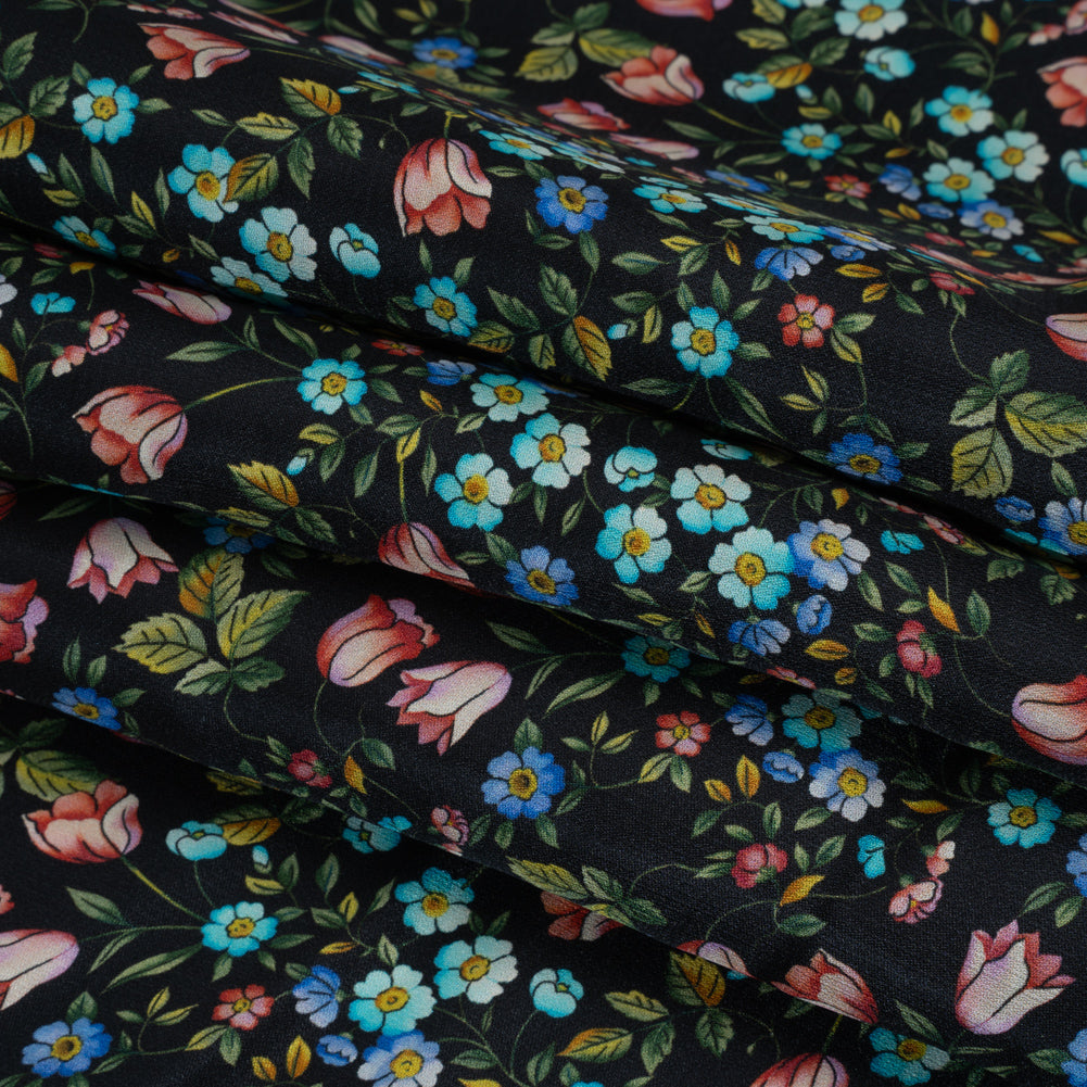 Crepe Like Silk Woven Print Made in Italy - Black, Pink and Sky Blue Little Flowers - Deadstock - Detail Crepe Like Silk Woven Print Made in Italy - Black, Pink and Sky Blue Little Flowers - Deadstock - Detail