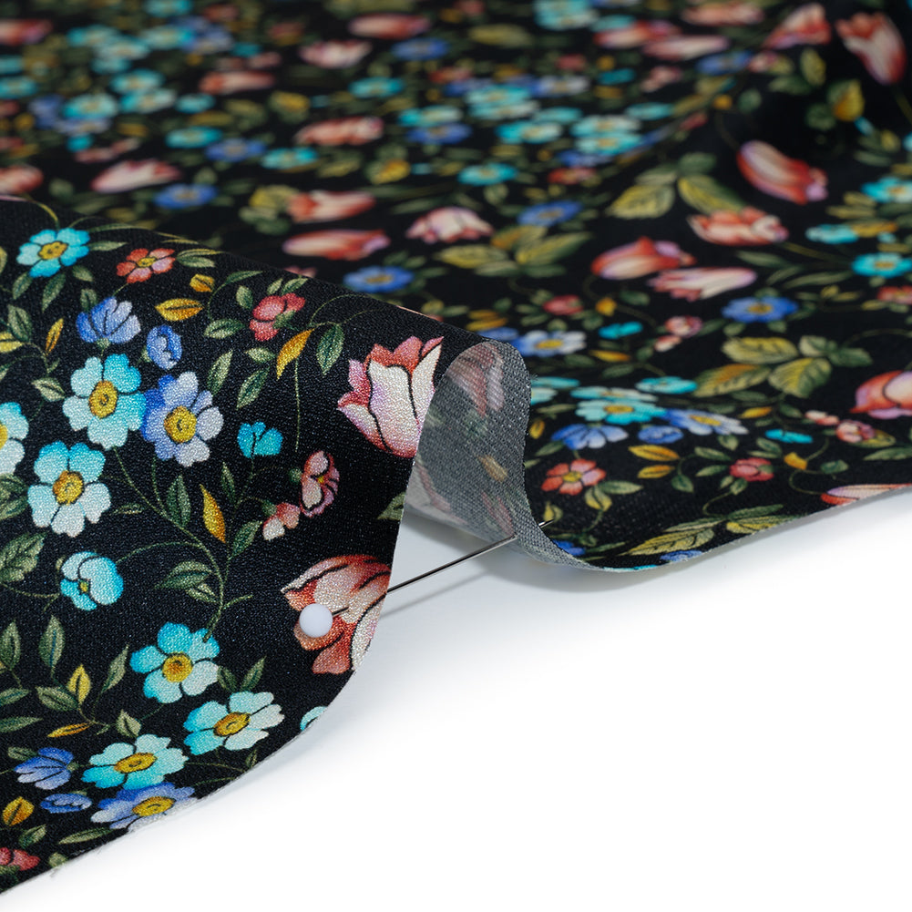 Crepe Like Silk Woven Print Made in Italy - Black, Pink and Sky Blue Little Flowers - Deadstock - Full - Image 4 of 5 Crepe Like Silk Woven Print Made in Italy - Black, Pink and Sky Blue Little Flowers - Deadstock - Full - Image 4 of 5