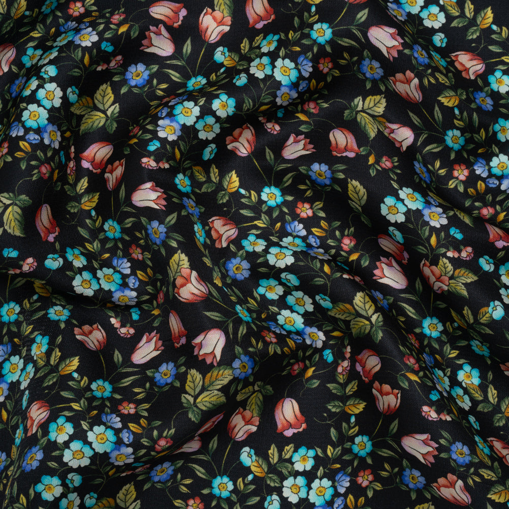 Crepe Like Silk Woven Print Made in Italy - Black, Pink and Sky Blue Little Flowers - Deadstock - Drape Crepe Like Silk Woven Print Made in Italy - Black, Pink and Sky Blue Little Flowers - Deadstock - Drape