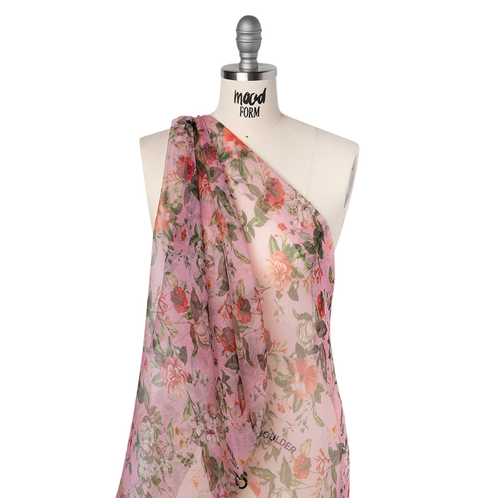 Silk Organza Print Made in Italy - Bubblegum Pink, Rose and Green Floral - Deadstock Silk Organza Print Made in Italy - Bubblegum Pink, Rose and Green Floral - Deadstock