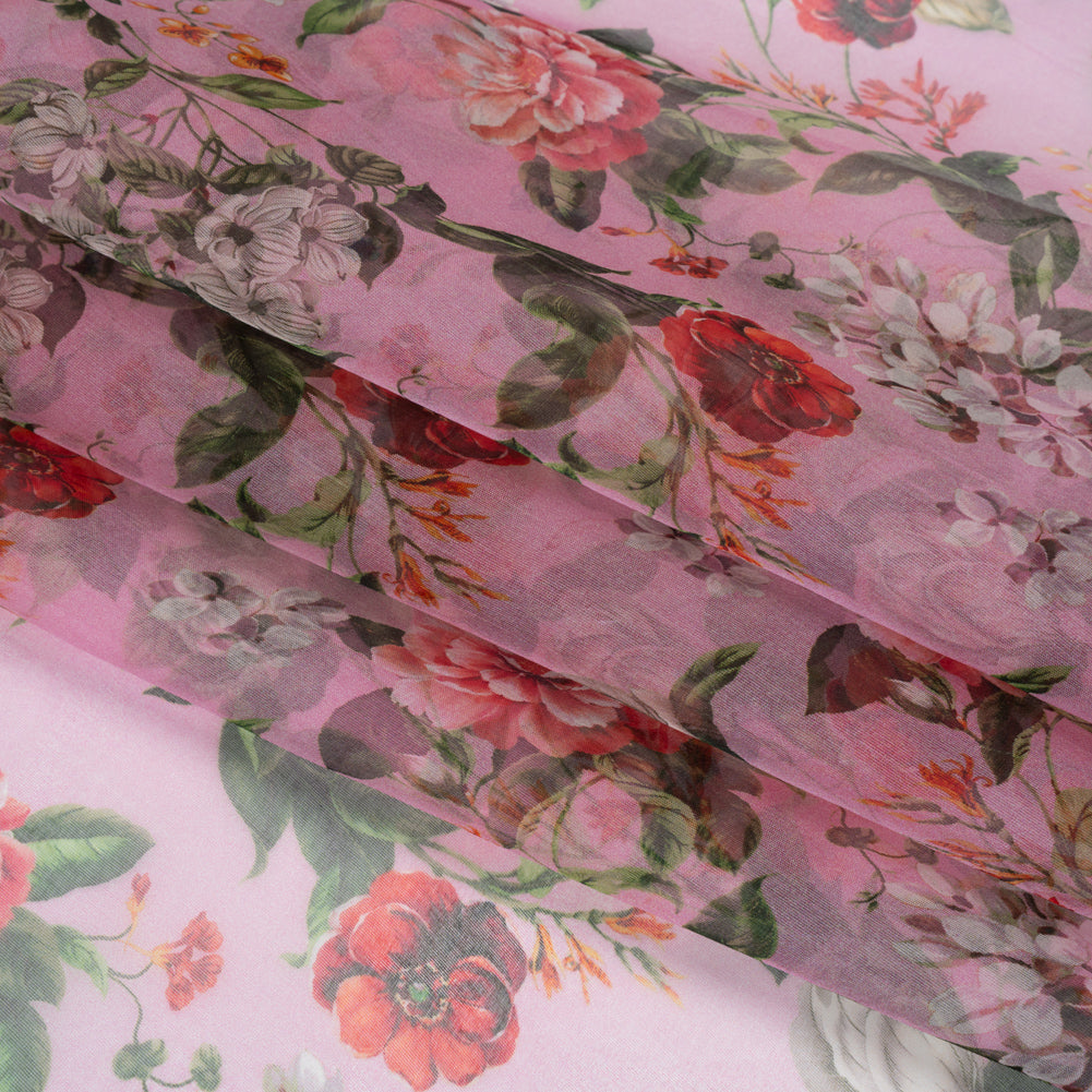 Silk Organza Print Made in Italy - Bubblegum Pink, Rose and Green Floral - Deadstock Silk Organza Print Made in Italy - Bubblegum Pink, Rose and Green Floral - Deadstock
