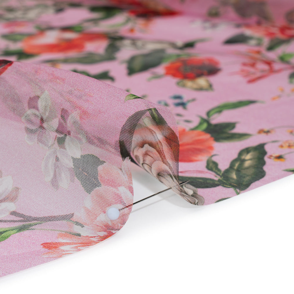 Silk Organza Print Made in Italy - Bubblegum Pink, Rose and Green Floral - Deadstock Silk Organza Print Made in Italy - Bubblegum Pink, Rose and Green Floral - Deadstock