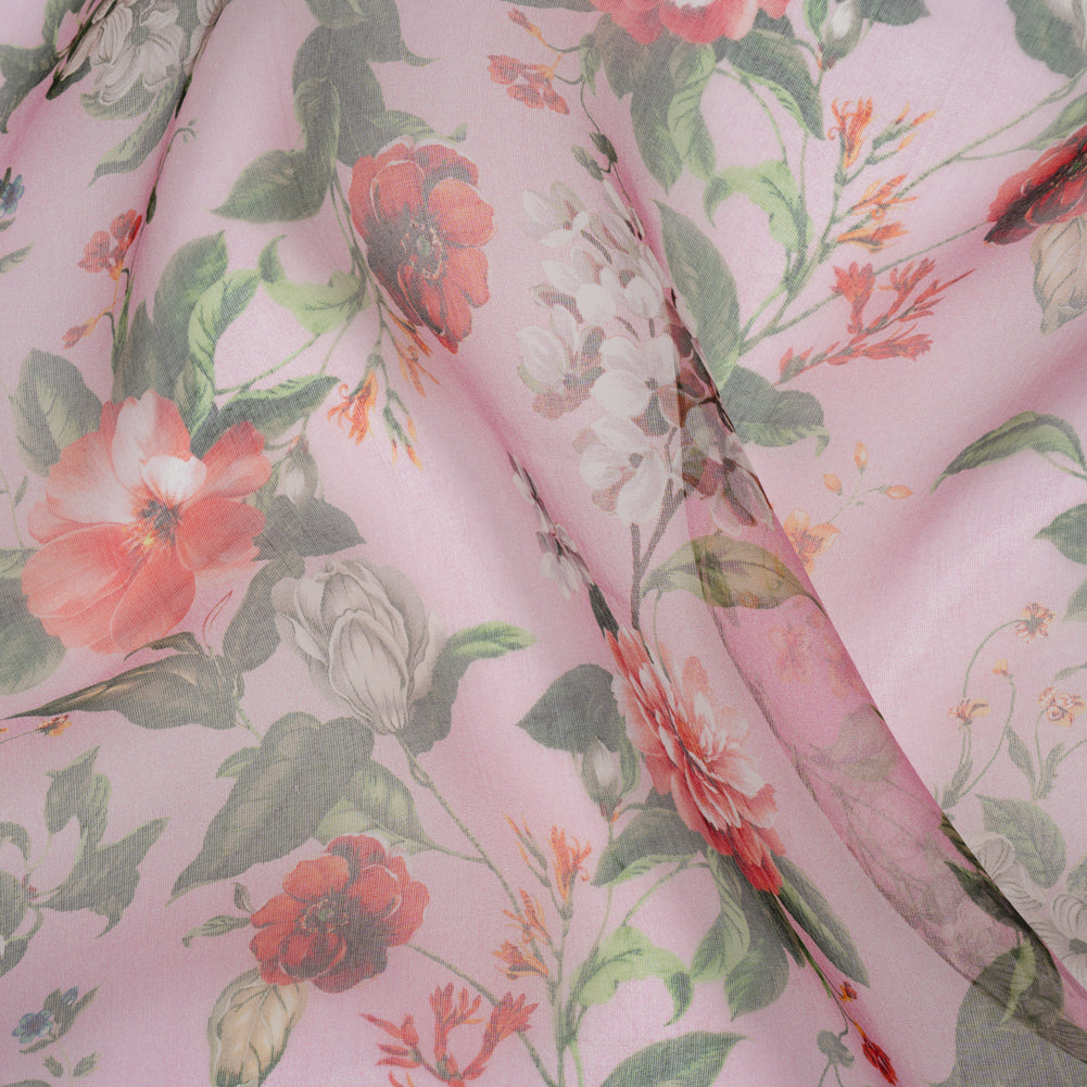Silk Organza Print Made in Italy - Bubblegum Pink, Rose and Green Floral - Deadstock Silk Organza Print Made in Italy - Bubblegum Pink, Rose and Green Floral - Deadstock