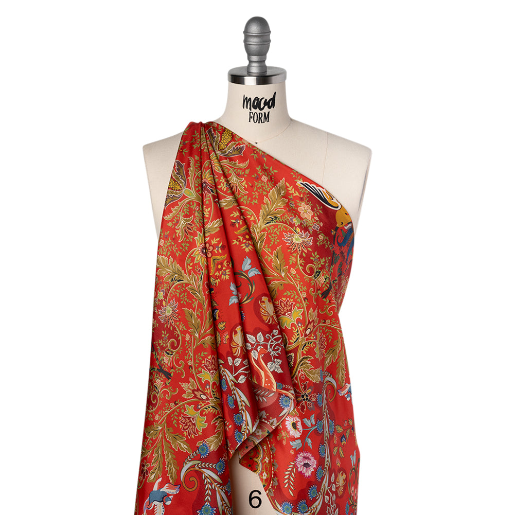 China Silk/Silk Habotai Print Made in Italy - Red, Green and Golden Yellow Flowers and Crests - Deadstock China Silk/Silk Habotai Print Made in Italy - Red, Green and Golden Yellow Flowers and Crests - Deadstock