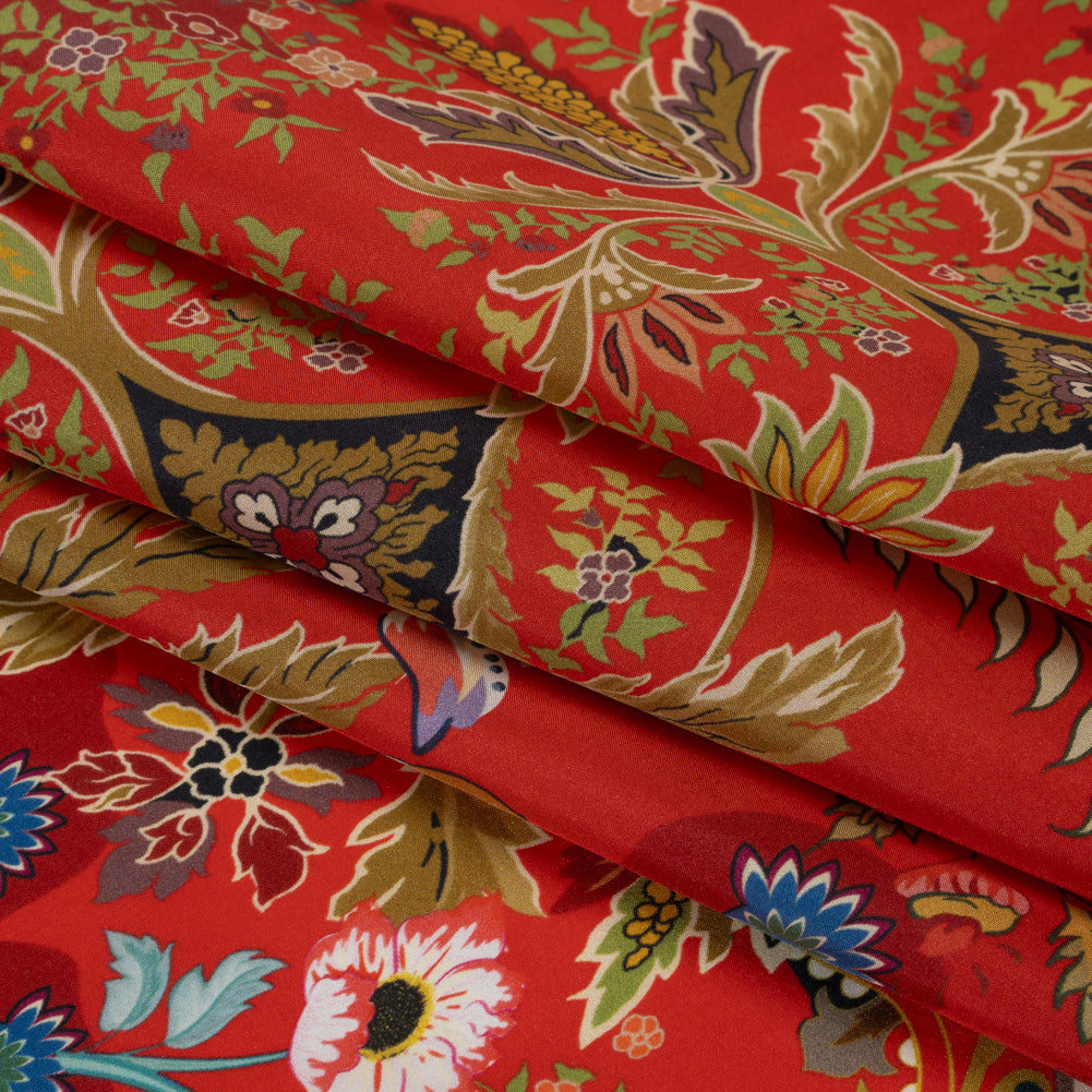 China Silk/Silk Habotai Print Made in Italy - Red, Green and Golden Yellow Flowers and Crests - Deadstock China Silk/Silk Habotai Print Made in Italy - Red, Green and Golden Yellow Flowers and Crests - Deadstock