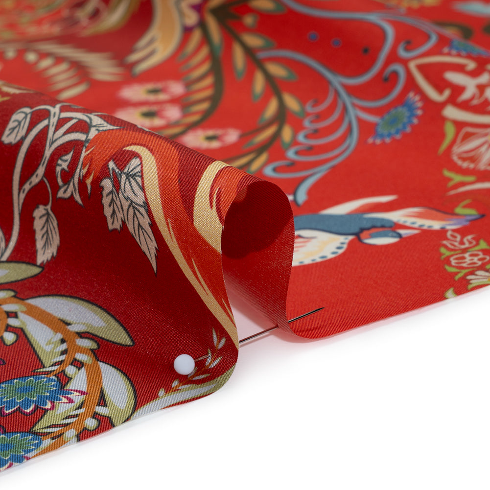 China Silk/Silk Habotai Print Made in Italy - Red, Green and Golden Yellow Flowers and Crests - Deadstock China Silk/Silk Habotai Print Made in Italy - Red, Green and Golden Yellow Flowers and Crests - Deadstock