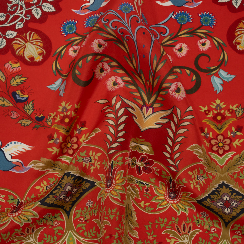 China Silk/Silk Habotai Print Made in Italy - Red, Green and Golden Yellow Flowers and Crests - Deadstock China Silk/Silk Habotai Print Made in Italy - Red, Green and Golden Yellow Flowers and Crests - Deadstock