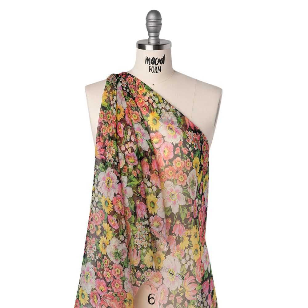 Silk Voile Print Made in Italy - Pink, Yellow and Green Flower Garden - Deadstock - Folded Silk Voile Print Made in Italy - Pink, Yellow and Green Flower Garden - Deadstock - Folded