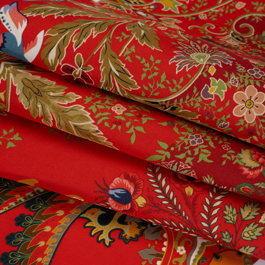 Silk Poplin Print Made in Italy - Red, Green and Golden Yellow Flowers and Crests - Deadstock Detail Silk Poplin Print Made in Italy - Red, Green and Golden Yellow Flowers and Crests - Deadstock Detail