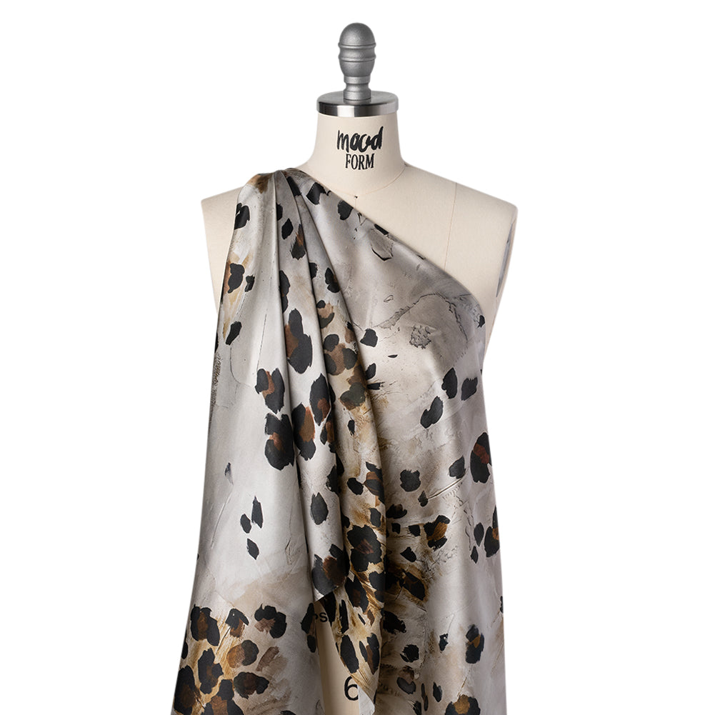 Silk Satin Print Made in Italy - Brown, Beige and Gray Painted Animal Spots - Deadstock Silk Satin Print Made in Italy - Brown, Beige and Gray Painted Animal Spots - Deadstock