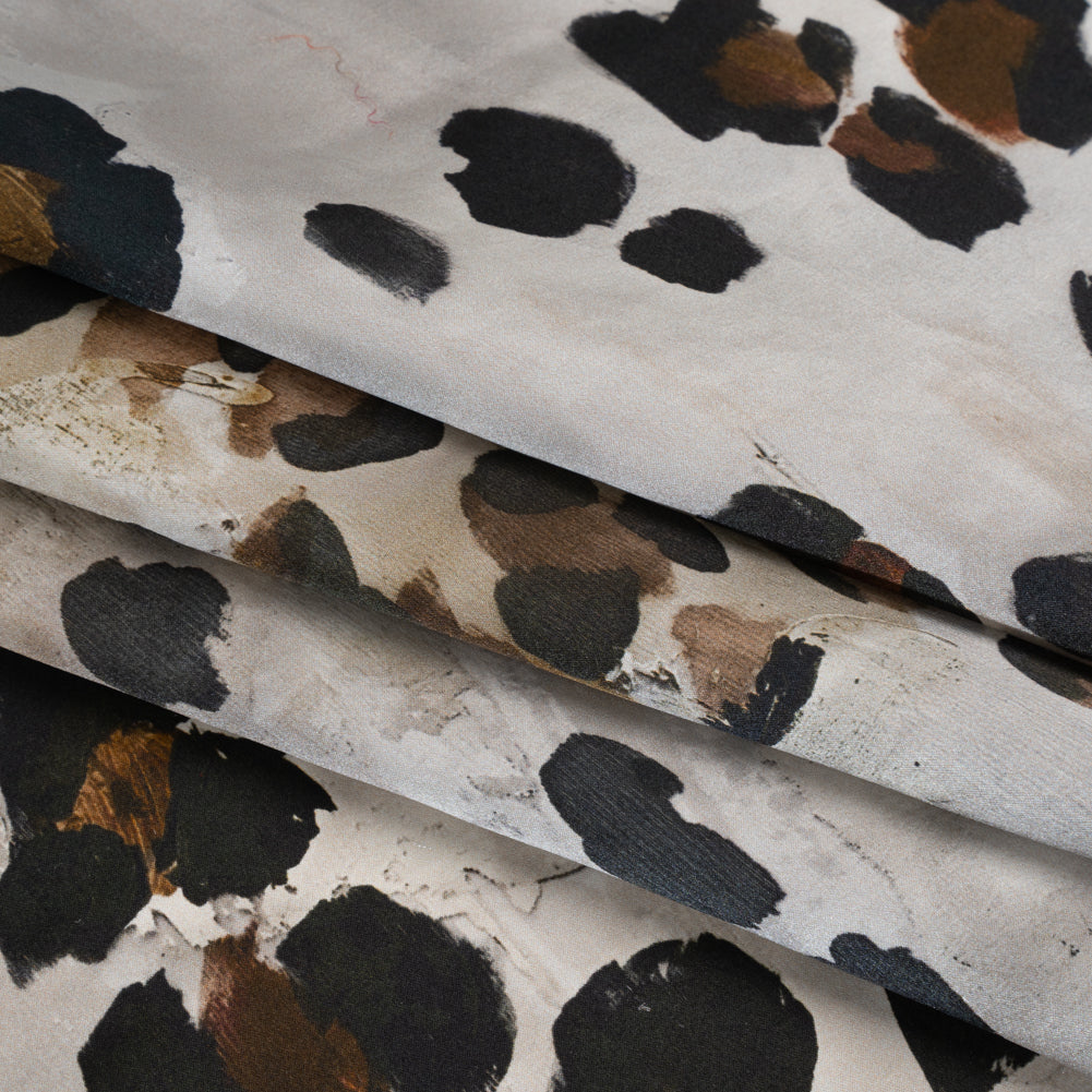 Silk Satin Print Made in Italy - Brown, Beige and Gray Painted Animal Spots - Deadstock Silk Satin Print Made in Italy - Brown, Beige and Gray Painted Animal Spots - Deadstock