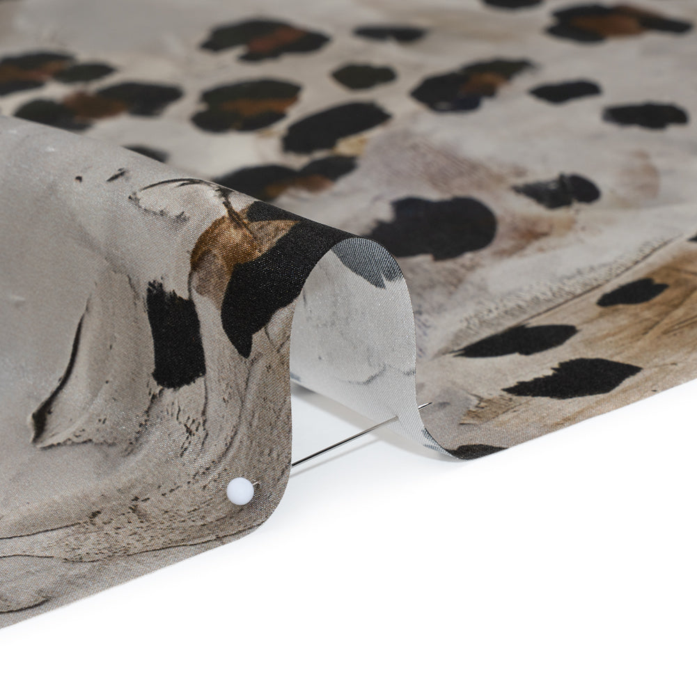 Silk Satin Print Made in Italy - Brown, Beige and Gray Painted Animal Spots - Deadstock Silk Satin Print Made in Italy - Brown, Beige and Gray Painted Animal Spots - Deadstock