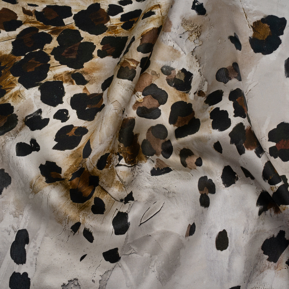 Silk Satin Print Made in Italy - Brown, Beige and Gray Painted Animal Spots - Deadstock Silk Satin Print Made in Italy - Brown, Beige and Gray Painted Animal Spots - Deadstock