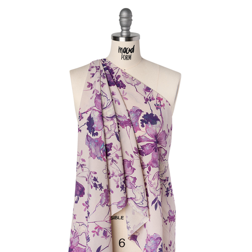 Lightweight Silk Crepe Made in Italy - Pale Purple, Lavender and Plum Painted Flowers - Deadstock Lightweight Silk Crepe Made in Italy - Pale Purple, Lavender and Plum Painted Flowers - Deadstock