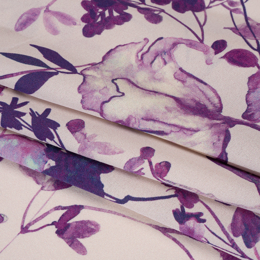 Lightweight Silk Crepe Made in Italy - Pale Purple, Lavender and Plum Painted Flowers - Deadstock Lightweight Silk Crepe Made in Italy - Pale Purple, Lavender and Plum Painted Flowers - Deadstock