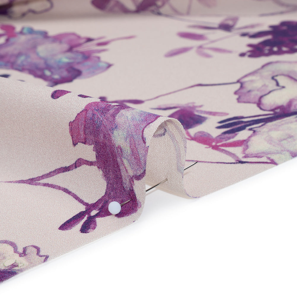Lightweight Silk Crepe Made in Italy - Pale Purple, Lavender and Plum Painted Flowers - Deadstock Lightweight Silk Crepe Made in Italy - Pale Purple, Lavender and Plum Painted Flowers - Deadstock