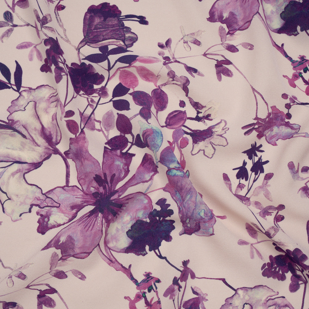 Lightweight Silk Crepe Made in Italy - Pale Purple, Lavender and Plum Painted Flowers - Deadstock Lightweight Silk Crepe Made in Italy - Pale Purple, Lavender and Plum Painted Flowers - Deadstock