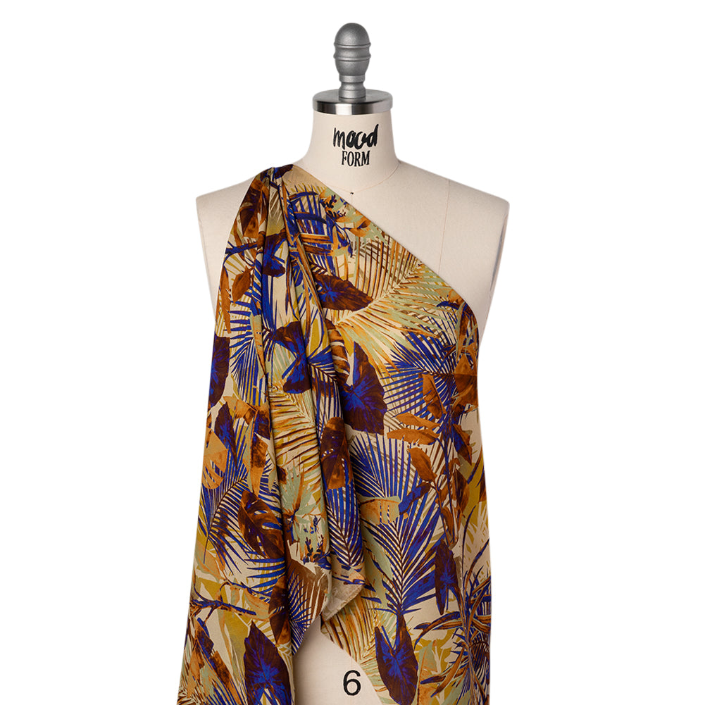 Satin Faced Silk Chiffon Print Made in Italy - Gold, Brown and Ultramarine Blue Palms and Tropical Leaves - Deadstock - Folded Satin Faced Silk Chiffon Print Made in Italy - Gold, Brown and Ultramarine Blue Palms and Tropical Leaves - Deadstock - Folded