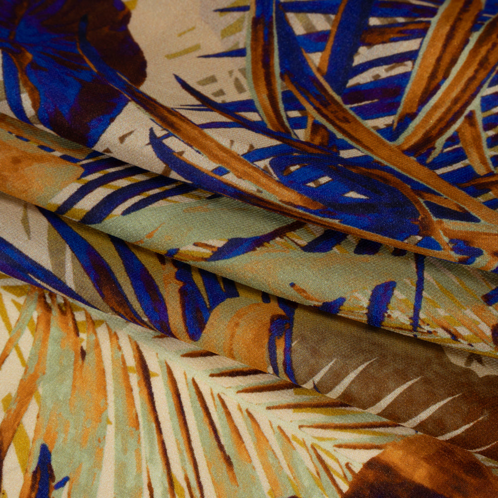 Satin Faced Silk Chiffon Print Made in Italy - Gold, Brown and Ultramarine Blue Palms and Tropical Leaves - Deadstock - Detail Satin Faced Silk Chiffon Print Made in Italy - Gold, Brown and Ultramarine Blue Palms and Tropical Leaves - Deadstock - Detail