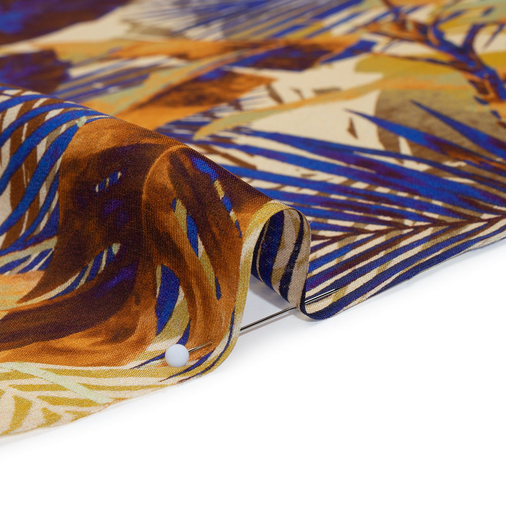 Satin Faced Silk Chiffon Print Made in Italy - Gold, Brown and Ultramarine Blue Palms and Tropical Leaves - Deadstock - Full Satin Faced Silk Chiffon Print Made in Italy - Gold, Brown and Ultramarine Blue Palms and Tropical Leaves - Deadstock - Full