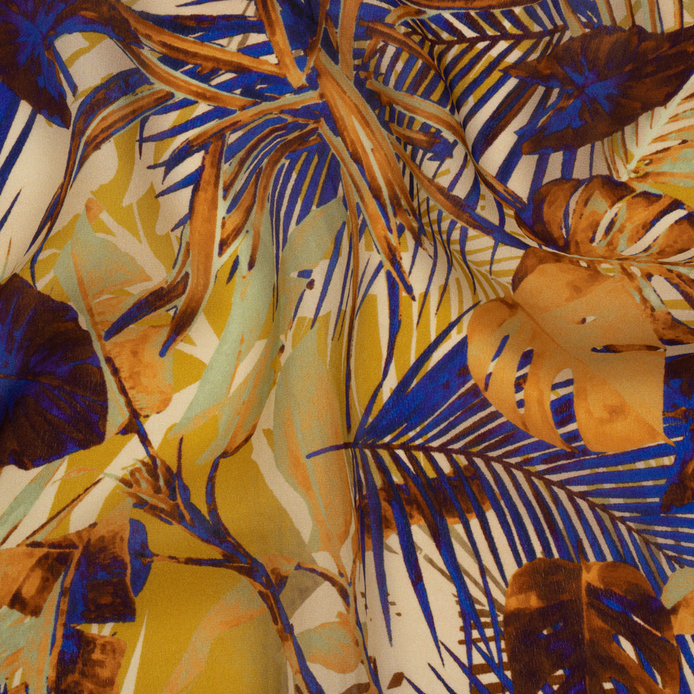 Satin Faced Silk Chiffon Print Made in Italy - Gold, Brown and Ultramarine Blue Palms and Tropical Leaves - Deadstock - Drape Satin Faced Silk Chiffon Print Made in Italy - Gold, Brown and Ultramarine Blue Palms and Tropical Leaves - Deadstock - Drape