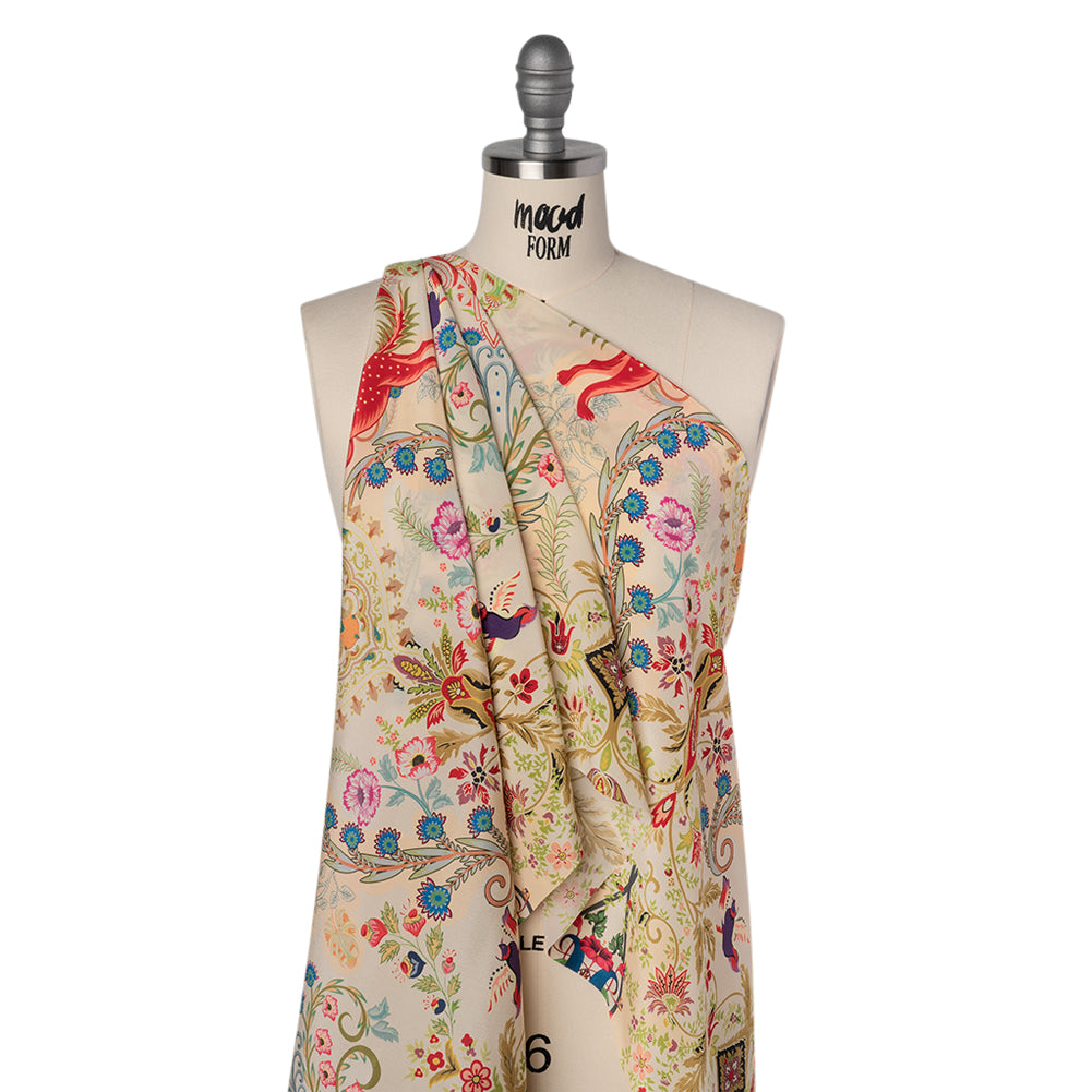 Crinkled Silk Crepe de Chine Print Made in Italy - Beige, Tan and Red Flowers and Crests - Deadstock Folded Crinkled Silk Crepe de Chine Print Made in Italy - Beige, Tan and Red Flowers and Crests - Deadstock Folded