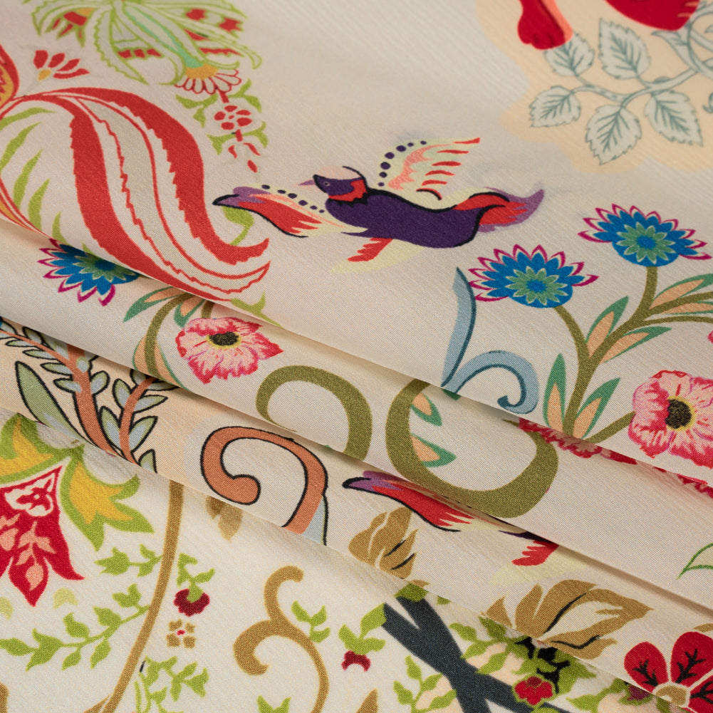 Crinkled Silk Crepe de Chine Print Made in Italy - Beige, Tan and Red Flowers and Crests - Deadstock Detail Crinkled Silk Crepe de Chine Print Made in Italy - Beige, Tan and Red Flowers and Crests - Deadstock Detail