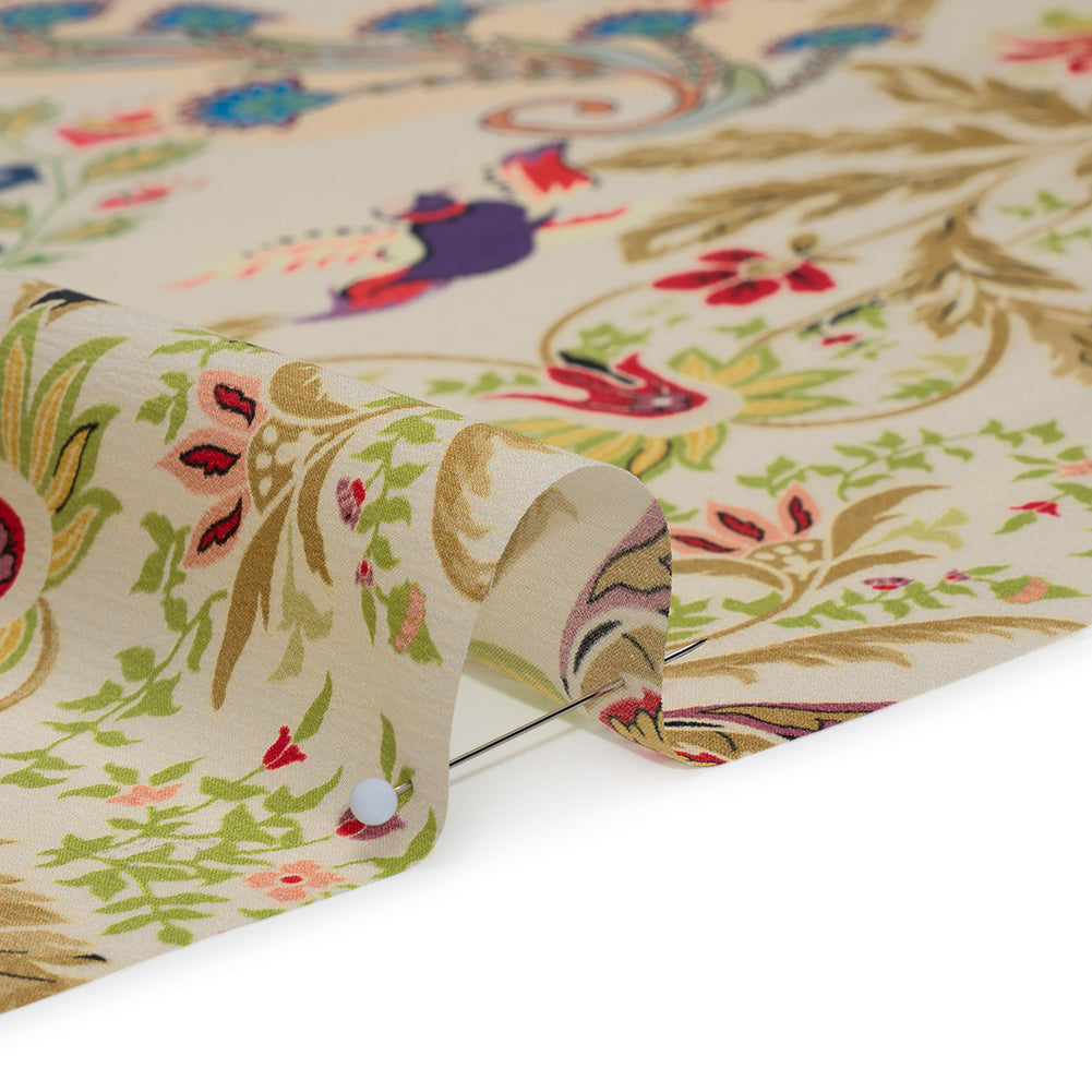 Crinkled Silk Crepe de Chine Print Made in Italy - Beige, Tan and Red Flowers and Crests - Deadstock Full Crinkled Silk Crepe de Chine Print Made in Italy - Beige, Tan and Red Flowers and Crests - Deadstock Full