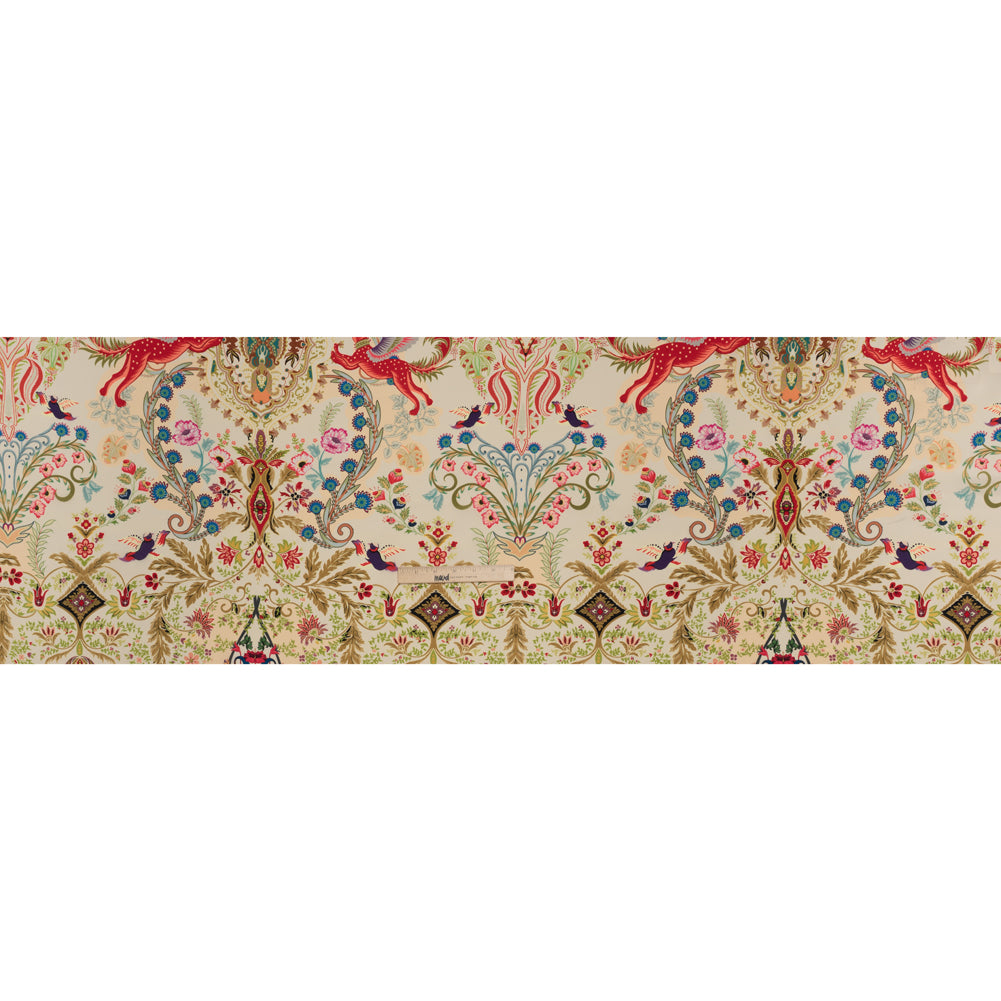 Crinkled Silk Crepe de Chine Print Made in Italy - Beige, Tan and Red Flowers and Crests - Deadstock Crinkled Silk Crepe de Chine Print Made in Italy - Beige, Tan and Red Flowers and Crests - Deadstock