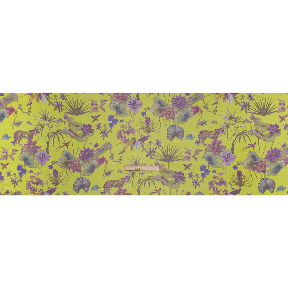 Silk Voile Print Made in Italy - Chartreuse Green, Purple and Blue Tropical Flora and Fauna - Deadstock Silk Voile Print Made in Italy - Chartreuse Green, Purple and Blue Tropical Flora and Fauna - Deadstock