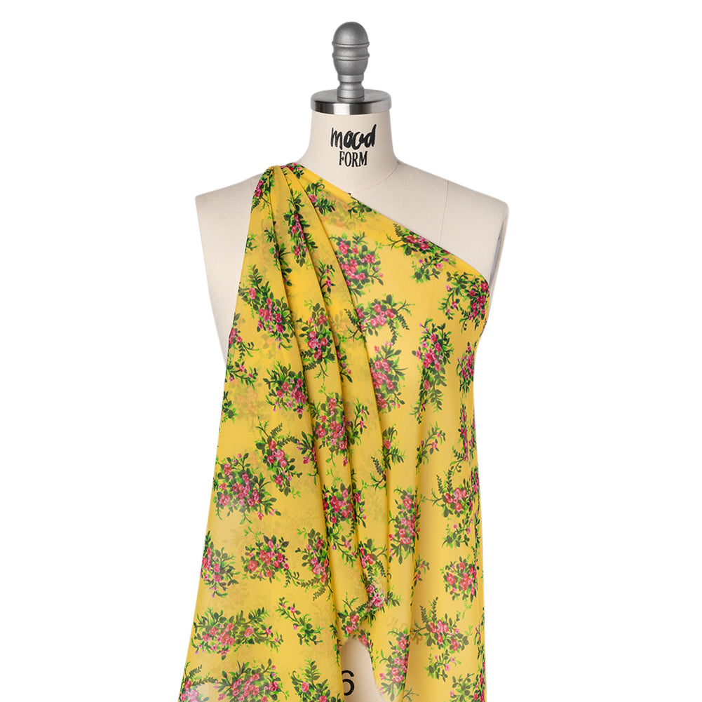 Silk Chiffon Print Made in Italy - Sunny Yellow, Green and Pink Flower Bunches - Deadstock - Folded Silk Chiffon Print Made in Italy - Sunny Yellow, Green and Pink Flower Bunches - Deadstock - Folded