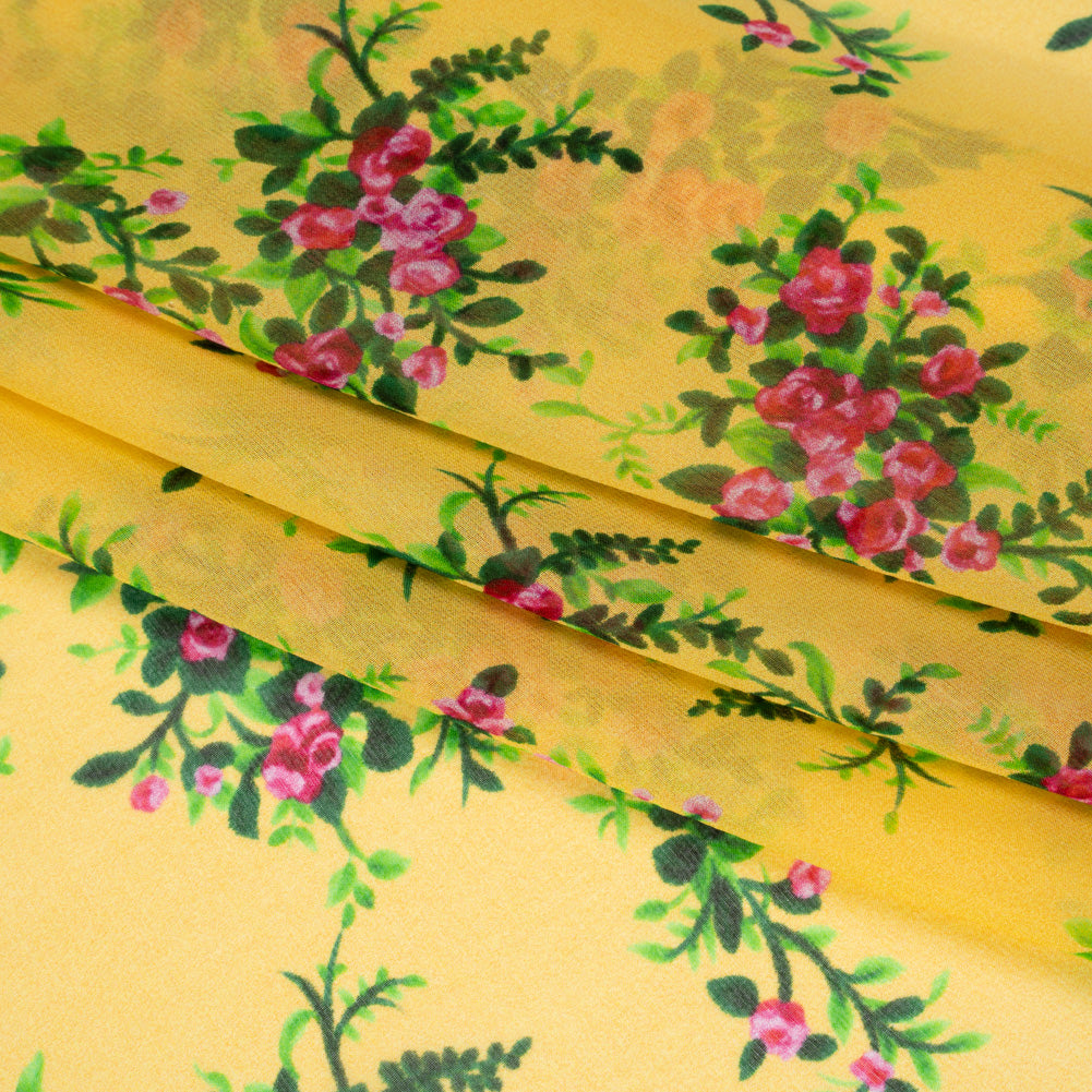 Silk Chiffon Print Made in Italy - Sunny Yellow, Green and Pink Flower Bunches - Deadstock - Detail Silk Chiffon Print Made in Italy - Sunny Yellow, Green and Pink Flower Bunches - Deadstock - Detail