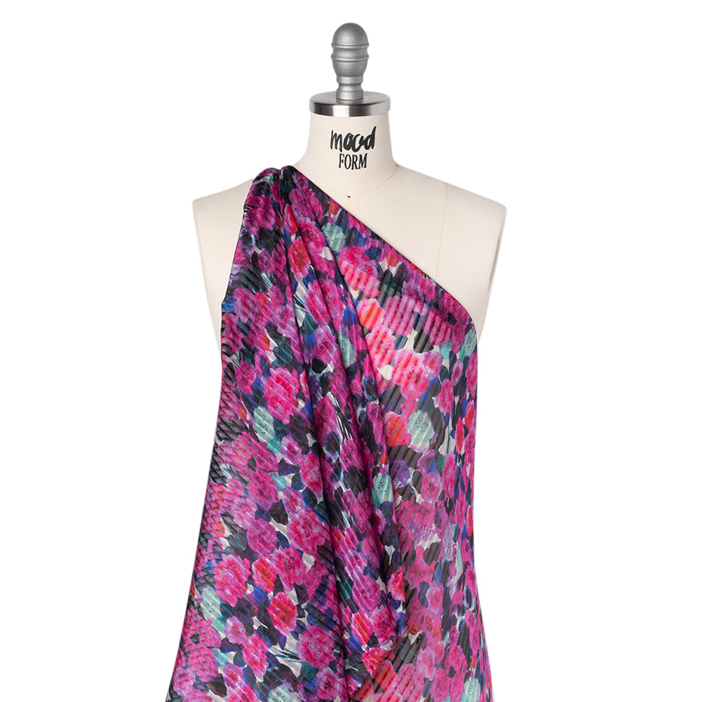 Satin Stripe Silk Dobby Print Made in Italy - Fuchsia, Blue and Dark Teal Painterly Flower Field - Deadstock - Folded Satin Stripe Silk Dobby Print Made in Italy - Fuchsia, Blue and Dark Teal Painterly Flower Field - Deadstock - Folded