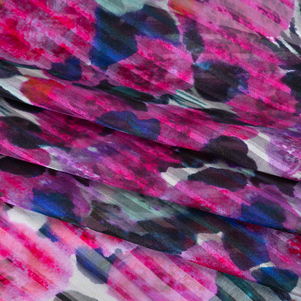 Satin Stripe Silk Dobby Print Made in Italy - Fuchsia, Blue and Dark Teal Painterly Flower Field - Deadstock - Detail Satin Stripe Silk Dobby Print Made in Italy - Fuchsia, Blue and Dark Teal Painterly Flower Field - Deadstock - Detail
