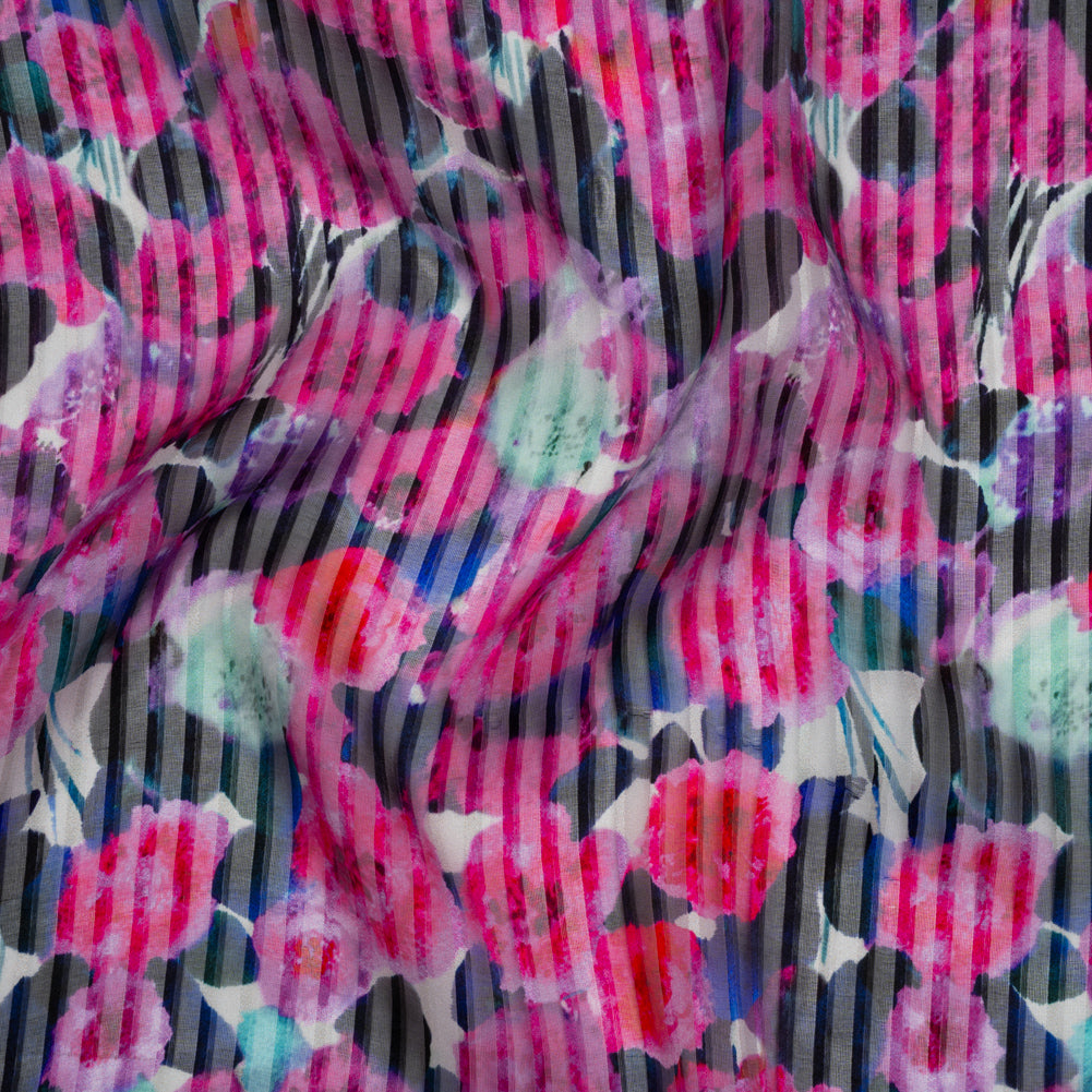 Satin Stripe Silk Dobby Print Made in Italy - Fuchsia, Blue and Dark Teal Painterly Flower Field - Deadstock - Drape Satin Stripe Silk Dobby Print Made in Italy - Fuchsia, Blue and Dark Teal Painterly Flower Field - Deadstock - Drape