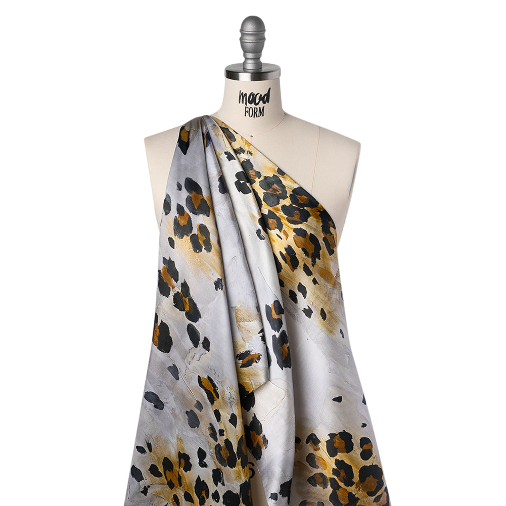 Silk Twill Print Made in Italy - Yellow Ochre, Brown and Black Painted Animal Spots - Deadstock Folded Silk Twill Print Made in Italy - Yellow Ochre, Brown and Black Painted Animal Spots - Deadstock Folded