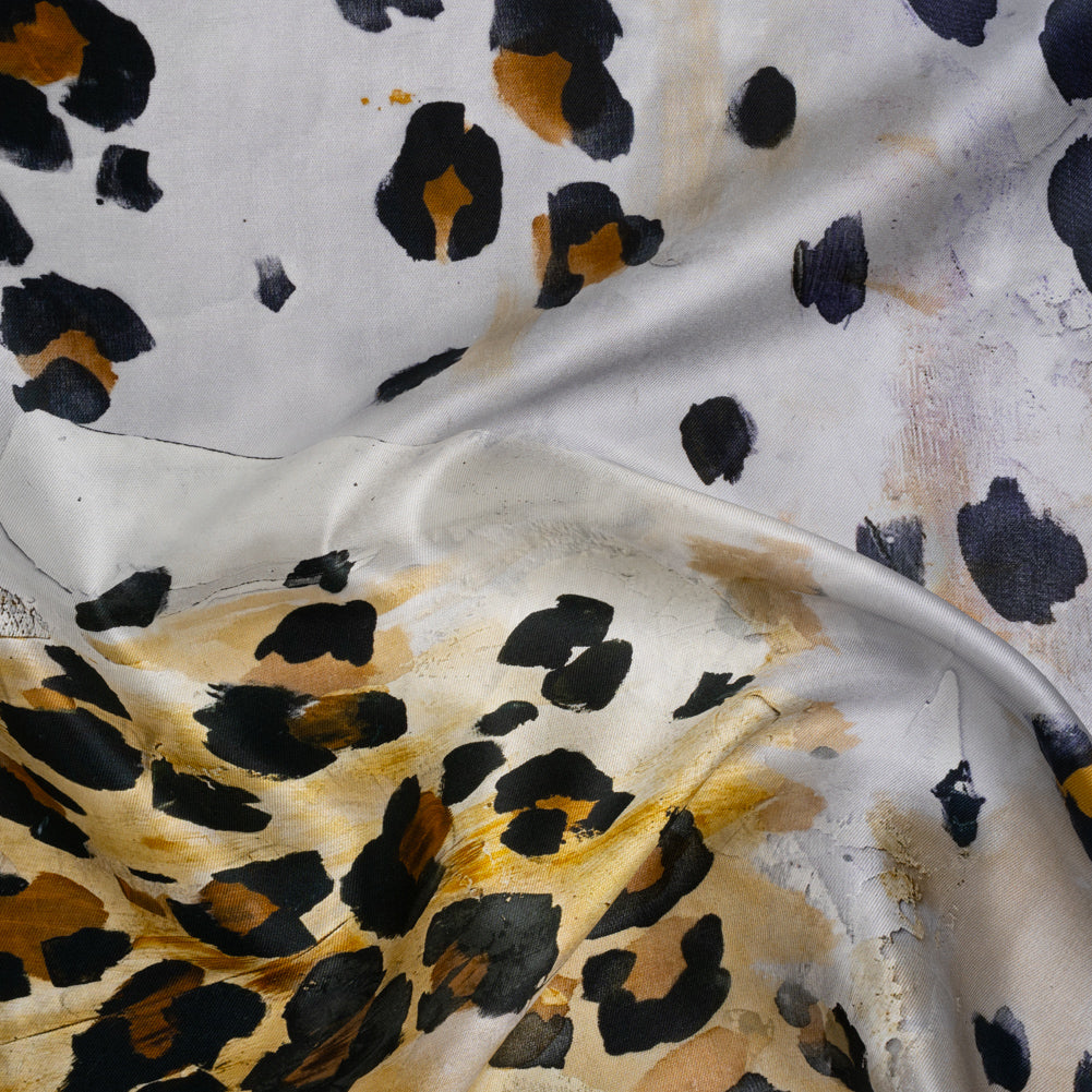 Silk Twill Print Made in Italy - Yellow Ochre, Brown and Black Painted Animal Spots - Deadstock Drape Silk Twill Print Made in Italy - Yellow Ochre, Brown and Black Painted Animal Spots - Deadstock Drape