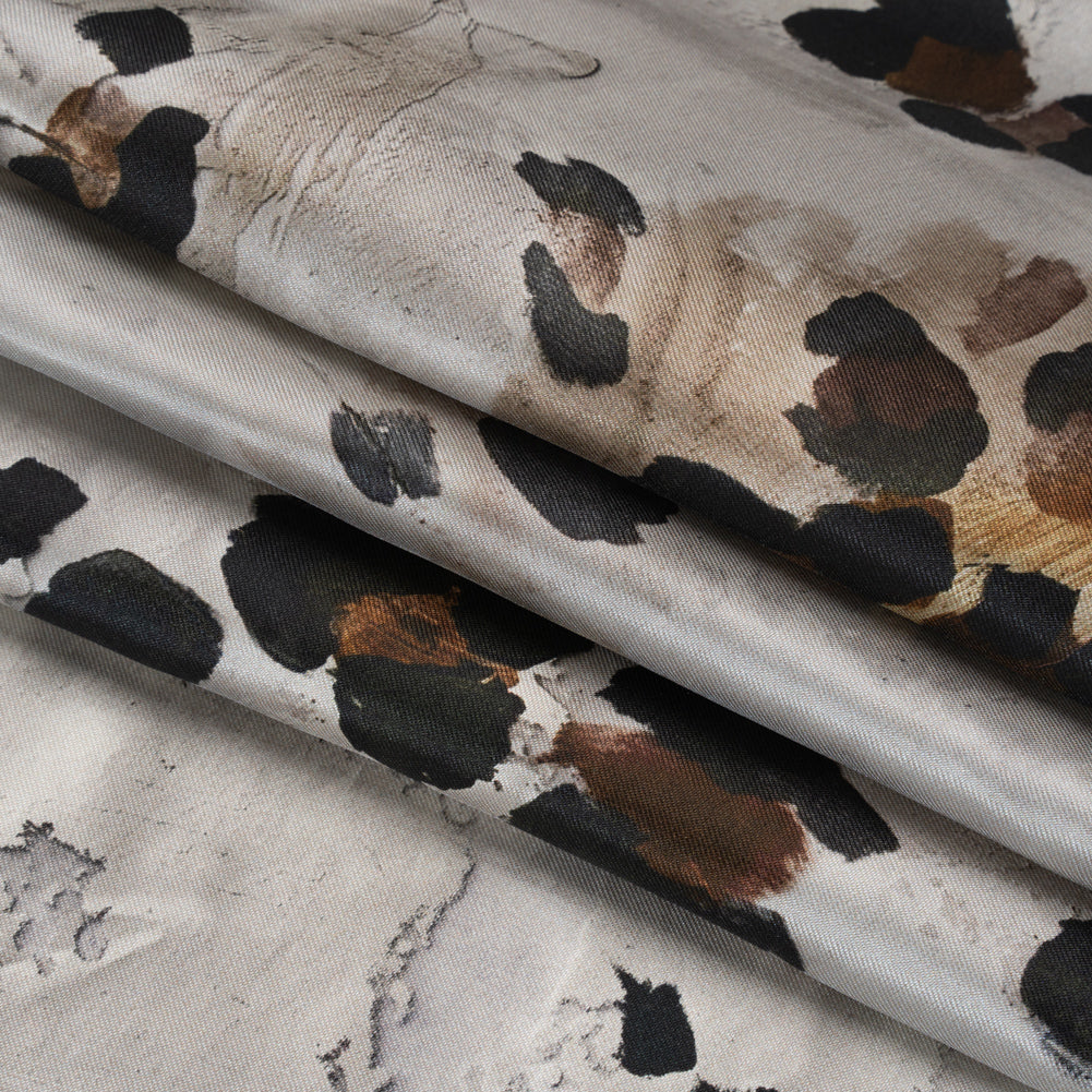 Silk Twill Print Made in Italy - Brown, Beige and Gray Painted Animal Spots - Deadstock Detail Silk Twill Print Made in Italy - Brown, Beige and Gray Painted Animal Spots - Deadstock Detail