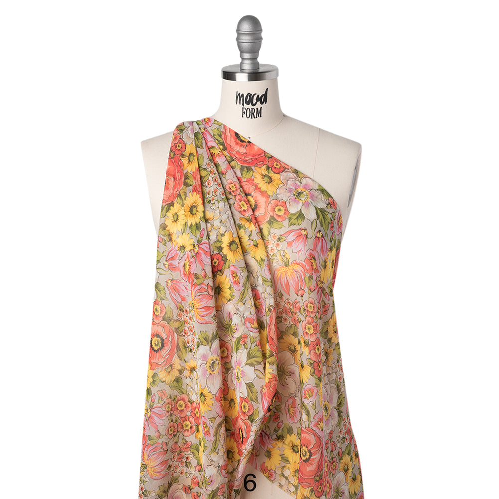 Silk Chiffon Print Made in Italy - Pink, Yellow and Green Flower Garden - Deadstock Silk Chiffon Print Made in Italy - Pink, Yellow and Green Flower Garden - Deadstock