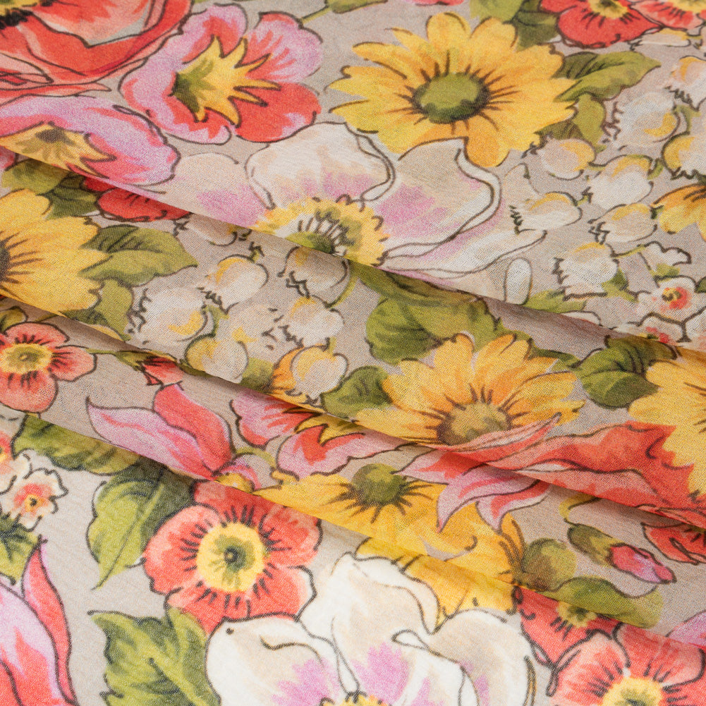 Silk Chiffon Print Made in Italy - Pink, Yellow and Green Flower Garden - Deadstock Silk Chiffon Print Made in Italy - Pink, Yellow and Green Flower Garden - Deadstock