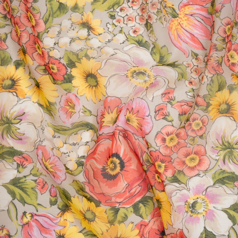 Silk Chiffon Print Made in Italy - Pink, Yellow and Green Flower Garden - Deadstock Silk Chiffon Print Made in Italy - Pink, Yellow and Green Flower Garden - Deadstock