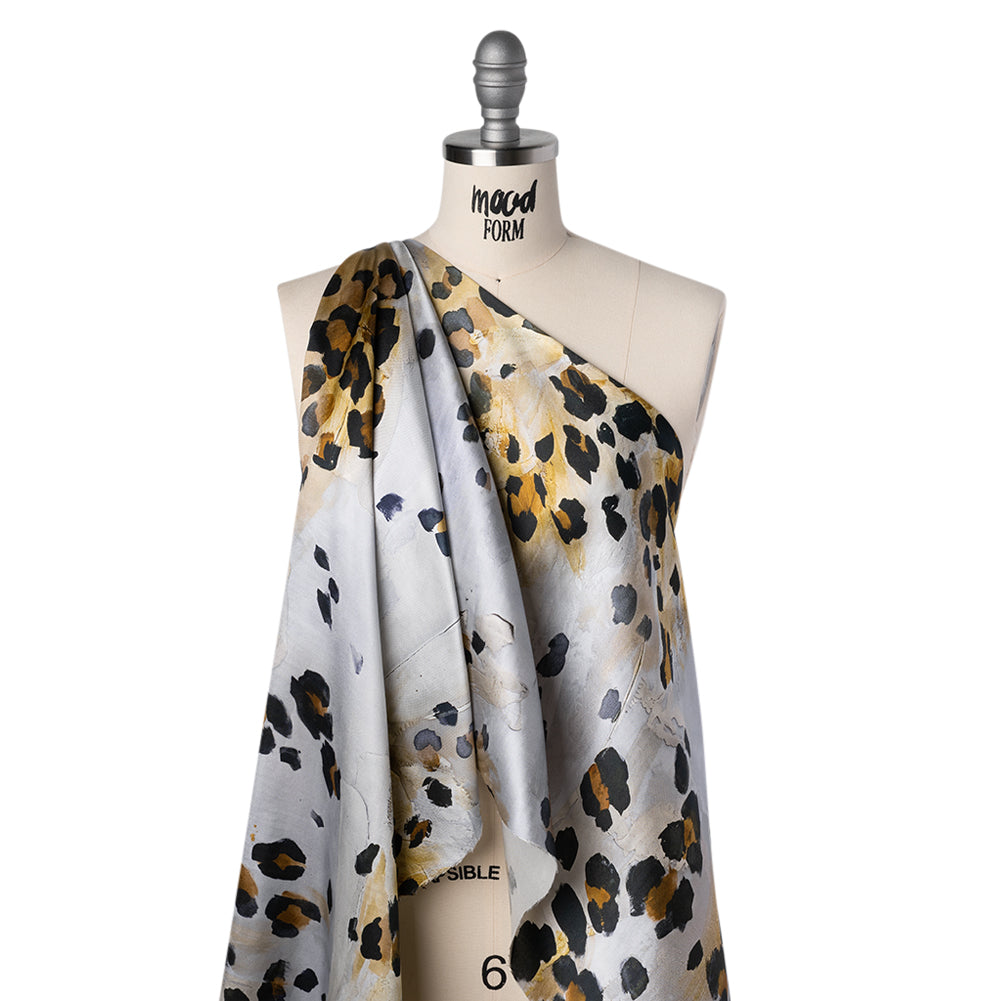 Light Silk Twill Print Made in Italy - Yellow Ochre, Brown and Black Painted Animal Spots - Deadstock Light Silk Twill Print Made in Italy - Yellow Ochre, Brown and Black Painted Animal Spots - Deadstock